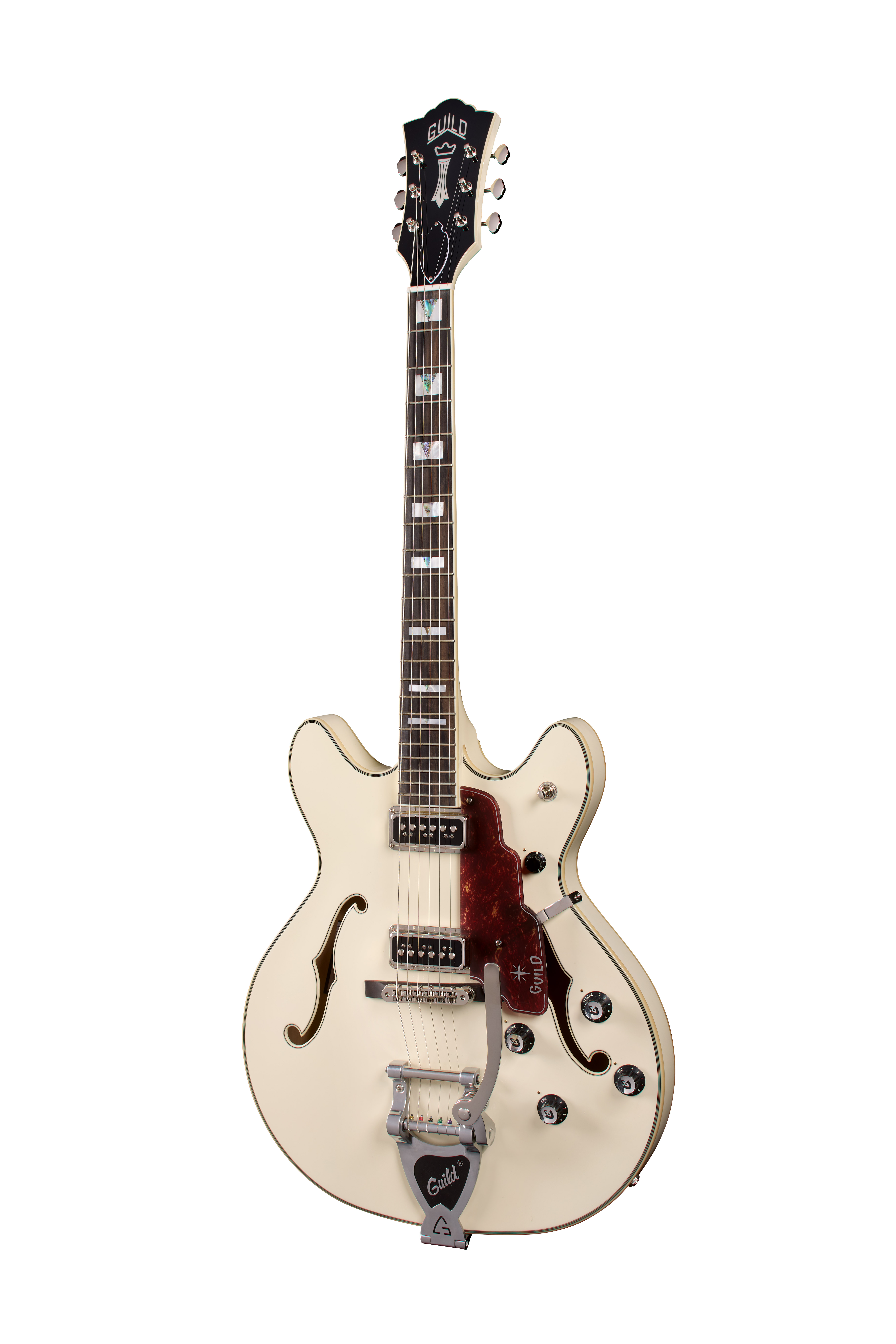 elektrische Gitarre, Hollowbody-Gitarre, cremefarben, Ahornkorpus, Bigsby-Tremolo